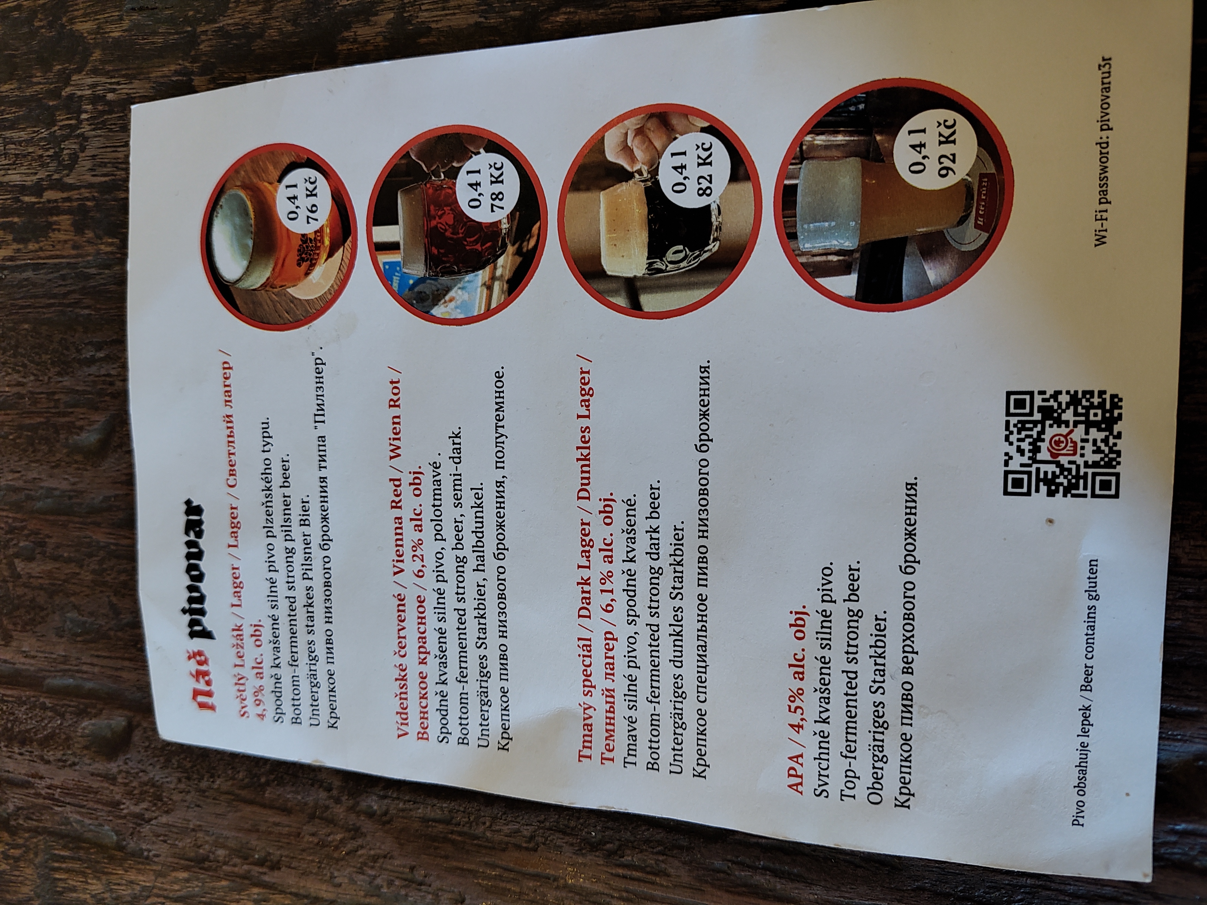 lista de precios del brewpub U Tří růží en Praga