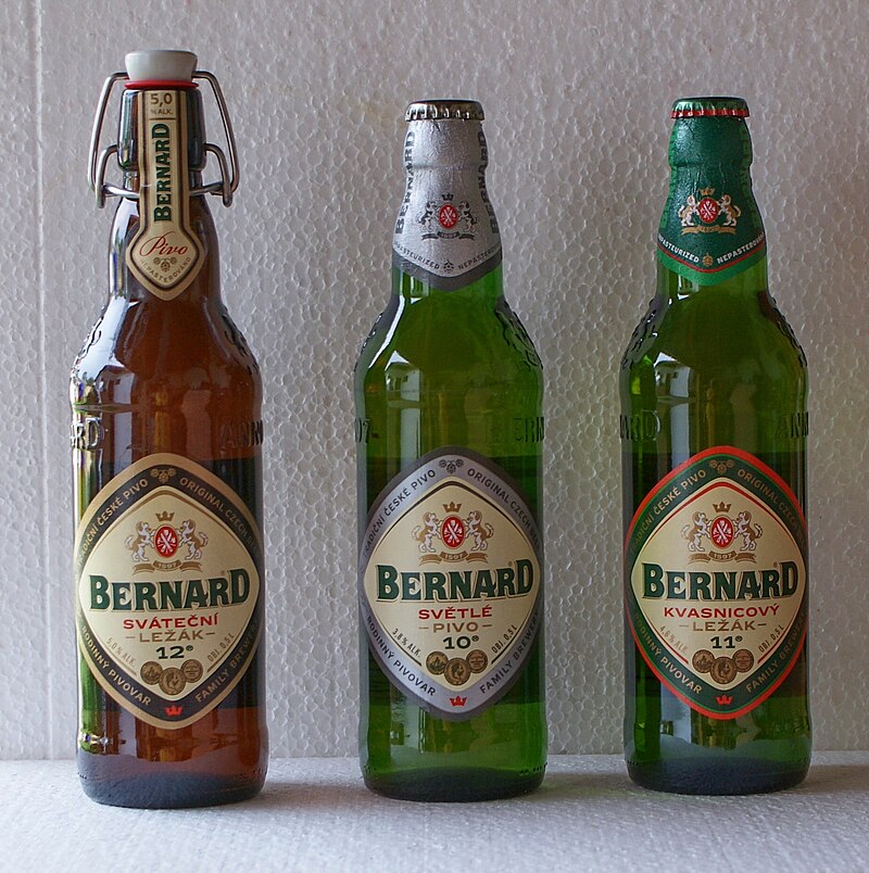 Botellas de cerveza checa Bernard con grados Plato