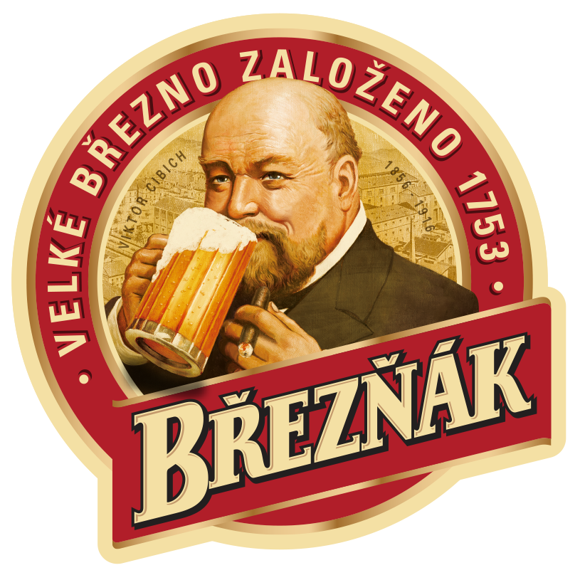 Logo de la cerveza checa Březňák con la imagen del icónico Viktor Cibich