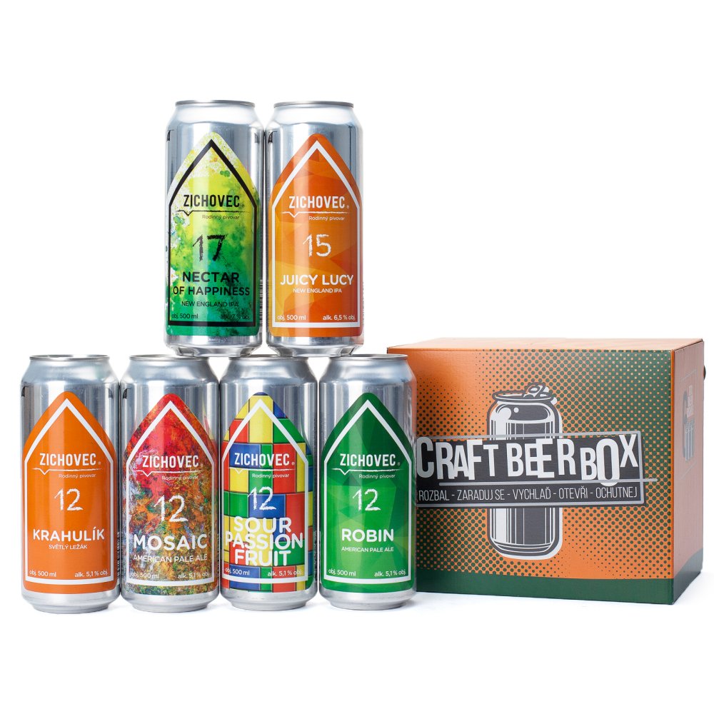 diferentes latas de Zichovec indicando los grados plato