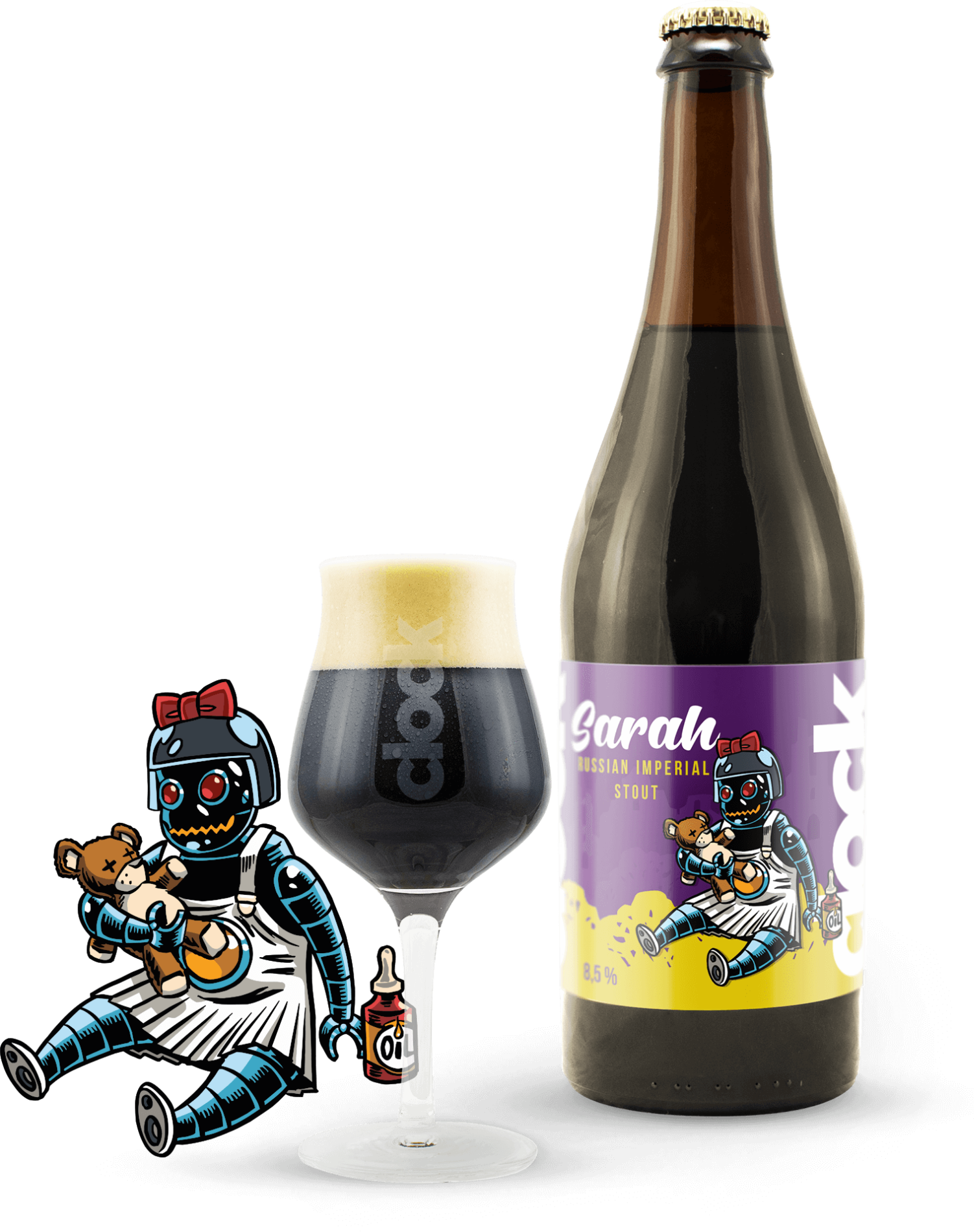 Sarah, imperial stout de Clock con curiosos robots en la etiqueta