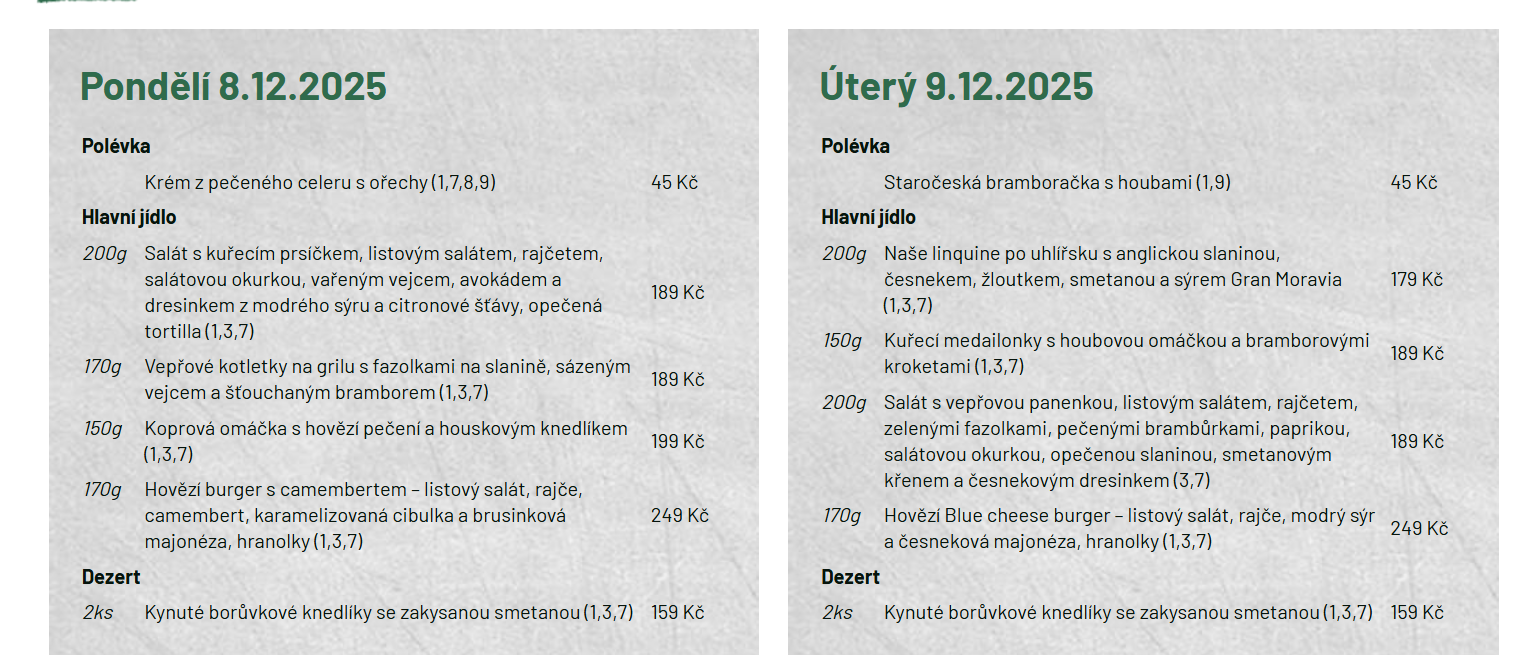 Menú del día de un restaurante de Praga publicado en su página web